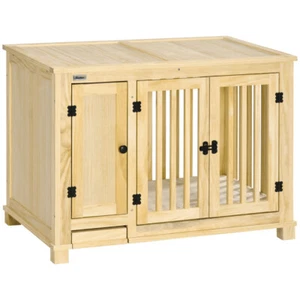 Wood Dog Crate w Hidden Food Bowl in Drawer Dog Crate End Table Double Doors - Picture 1 of 10