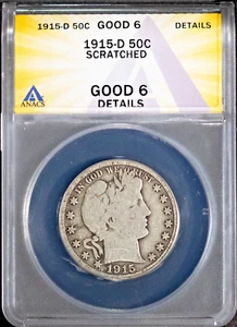 1915-D 50c Silver Barber Half-dollar G 6 Details ANACS # 7625640 + Bonus - Picture 1 of 2