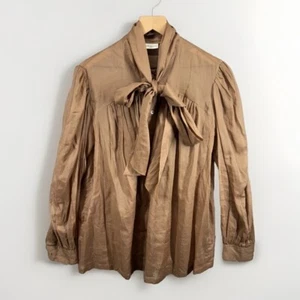 Dries van Noten Damenbluse braun hellbraun Bindekragen Plissee Knopfleiste Größe 42 - Bild 1 von 9