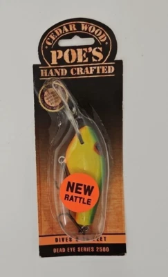 Vintage Poe's Lures - Cedar Dead Eye Diver Yellow/Green/Orange 3.5" - NOS - Image 1 of 4