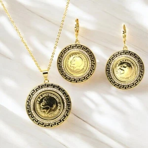 Greek Key Shape Golden Coins whit CZ Gold Plated Necklace Earrings Jewelry Set - Picture 1 of 4