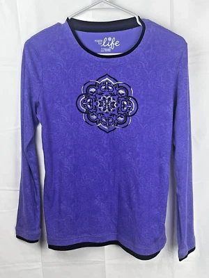 Camisa feminina Y2K Medallion Geo manga longa roxa preta prata gótica emo M - Imagem 1 de 4