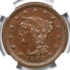 1848 N-31 R-3 NGC MS 61 BN Braided Hair Large Cent Coin 1c - Picture 1 of 4