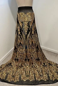 Black Gold 4way stretch sequin Lace fabric 50” Width Sold By The Yard - Picture 1 of 6