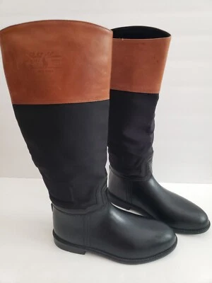 Polo Ralph Lauren Black Rubber & Tan Leather Equestrian Riding Boots Size 7 - Image 1 of 4