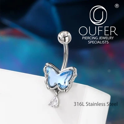 Anillo ombligo colgante mariposa azul 14G 316L acero inoxidable circonita cúbica anillo ombligo Foto 1 de 4