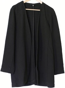 EILEEN FISHER Silk Lined HONEYCOMB WAFFLE Knit Longline Open Jacket BLACK Sz L - Picture 1 of 3