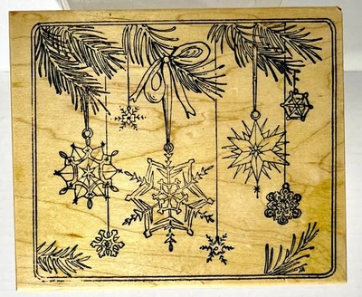 NUEVO sello de goma de madera montado en copos de nieve Northwoods con ramas y arcos de hoja perenne Foto 1 de 4