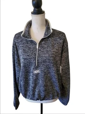 DKNY Women’s Crop Sweater XL Fleece Long Sleeve Half-Zip Black White Mock Nec - Image 1 of 4