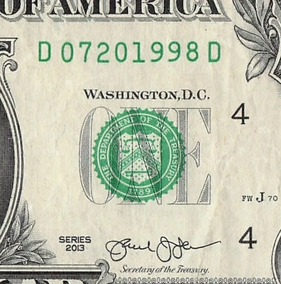 JULY 20 1998 Birthday Fancy Serial Number Date Note One Dollar Bill 07 20 1998 - Image 1 of 4