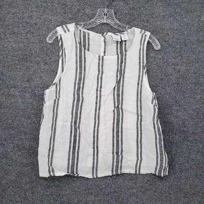 C&C California Top Womens Medium White Striped Linen Tank Button Back Sleeveless - Image 1 of 4