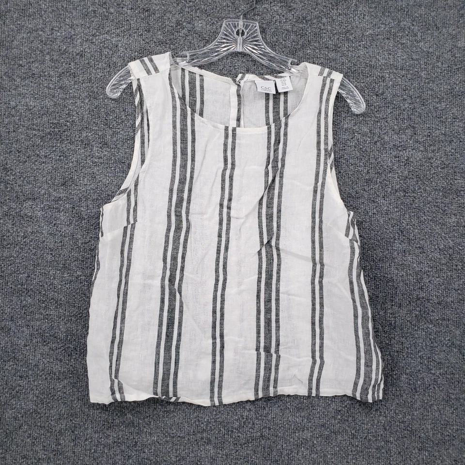 C&C California Top Womens Medium White Striped Linen Tank Button Back Sleeveless - Image 1 of 4
