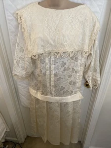 Vtg 80s Nilani Ivory Jacquard Drop Waist Edwardian 20s Inspired Dress-Sz 13/14 - Picture 1 of 14