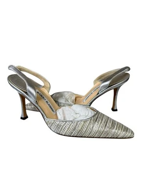Manolo Blahnik 银色条纹露跟尖头高跟鞋 37 码 — 第 1/4 张图片