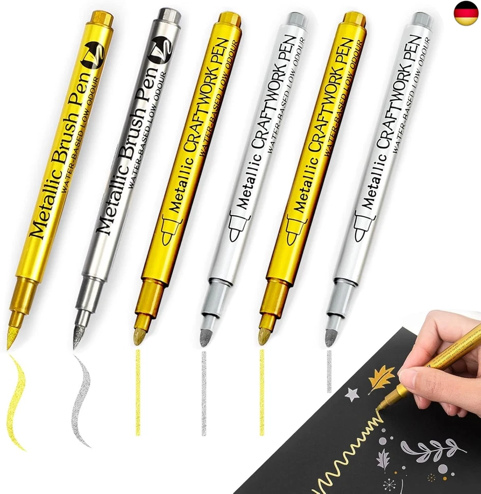 SENZEE Gold Silber Metallic Stifte Marker 6 Stück Goldstift Silberstift Metallic Dünn &