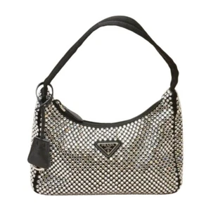 Prada Re-Edition Crystal Satin Mini Hobo Handbag Shoulder Bag 1BC515 Black - Picture 1 of 15