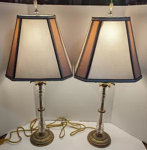 2 - Hollywood Regency Style Table Lamps Gold Tone & Cut Glass w/ Shades - Pair - Picture 1 of 15