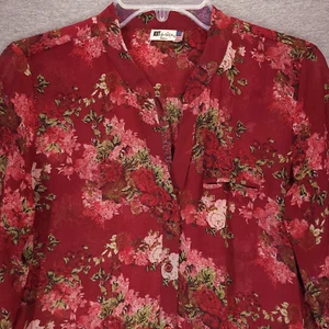 Kut from the Kloth Womens Top Small Dark Red V-Neck Long Roll Tab Sleeve Floral - Picture 1 of 12