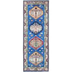 2'9"x8'2" Bayern Blue Kazak Hand Knotted Soft Wool Runner Oriental Rug R461 - Picture 1 of 7