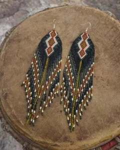 Tribal Earrings Native Large Boho American Seed Beads Handmade Earring - Picture 1 of 2
