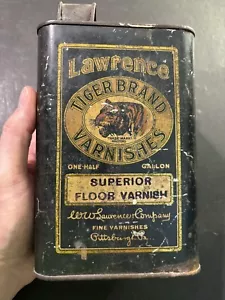 Lata de barniz vintage con gráfico de Lawrence marca Tiger Pittsburgh PA COMPLETA - Imagen 1 de 20