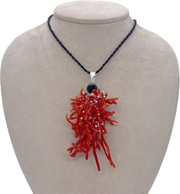 COLLANA CIONDOLO CORALLO  AGATA NERA E ARGENTO - Immagine 1 di 4