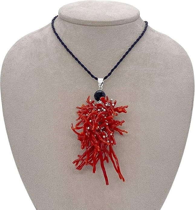 COLLANA CIONDOLO CORALLO  AGATA NERA E ARGENTO - Immagine 1 di 4