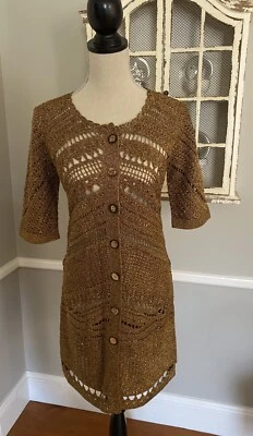 NUEVO DIANE von FURSTENBERG Liu Kalani Cárdigan Metálico Dorado Tejido Abierto Patrón M Foto 1 de 4