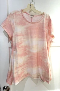 Style & Co XL Tee Short Sleeve Scoop neck Sharkbite Hem Cotton Pink Tiedye Camo - Picture 1 of 3
