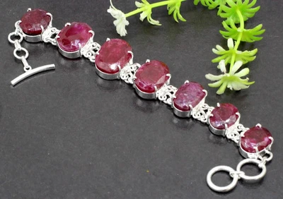925 Sterling Silver Pink Ruby Gemstone Jewelry Bracelet Size 8 inch" - Image 1 of 4