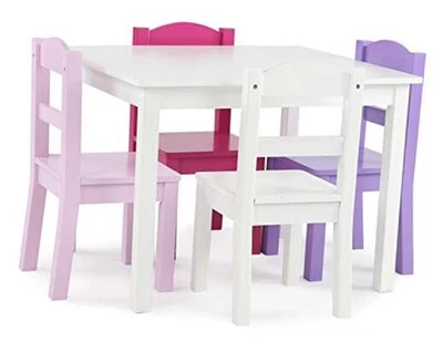  Juego de mesa y 4 sillas de madera para niños - Juego de mesa y silla para niños blanco/púrpura/rosa Foto 1 de 4