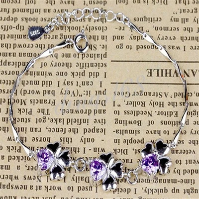 Brazalete Flor Trébol 4 Corazones Cristal Púrpura Libre de Deslustre Oro 18K F1155 Foto 1 de 2