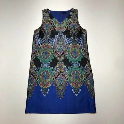 Hermoso vestido recto satinado estampado azul gráfico talla mediana The Limited para mujer Foto 1 de 4