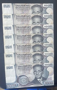 Lote de 7 billetes del mundo papel moneda, Austria 1000 chelines 1982-1983 - Imagen 1 de 2
