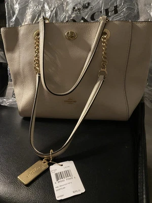 Bolso de Mano COACH Turnlock Cadena en Cuero Guijarro Oro Claro Tiza BLANCO APAGADO NUEVO CON ETIQUETAS Foto 1 de 4