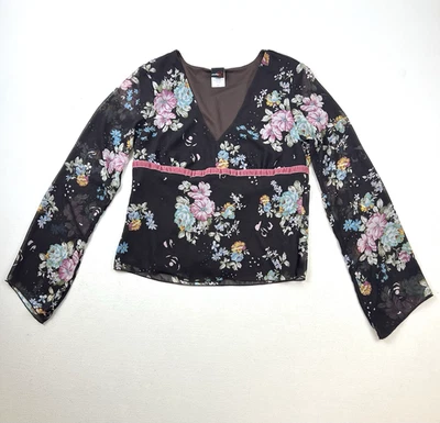 Vtg Y2K Top M/L Brown Floral Fairy Sheer Sleeves Pink Velvet Ribbon Romantic - Image 1 of 4