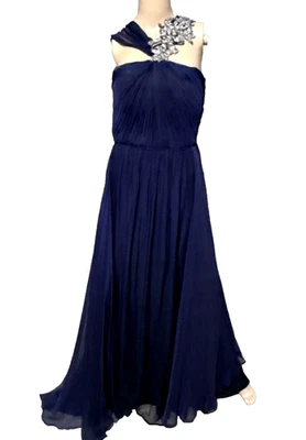 Monique Lhuillier Runway Navy Silk Crystal Bead Embroidered Long Dress Gown  6 - Image 1 of 4