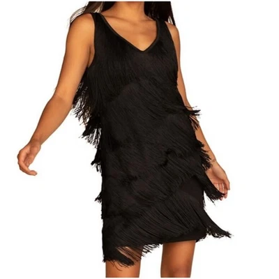 NEW Trina Turk Tiered Fringe Women’s Size L Mini Dress Sleeveless V-Neck Black - Image 1 of 4
