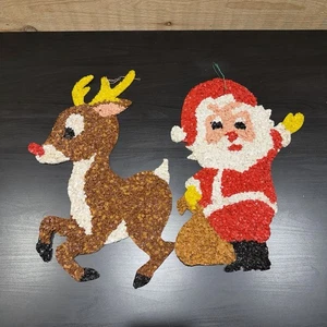 Vintage Christmas Melted Plastic Popcorn Santa Claus and Rudolph Decoration 18"  - Picture 1 of 13