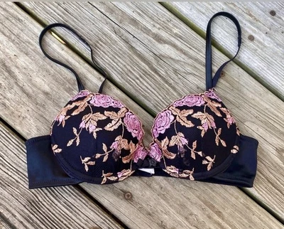 Black/Pink/Purple/Gold Embroidered 34A Lily Of France Demi Bra - Image 1 of 4