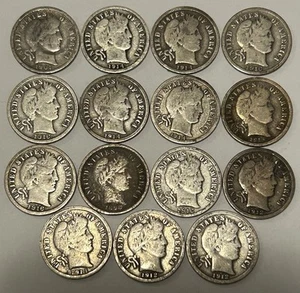 Lot of 15 Barber 90% Silver Dimes Mixed Dates & Mints - All 100+ Years Old! Vf - Picture 1 of 7