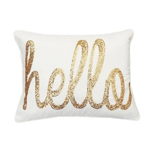 Thro "Hello" Sequin Script Faux Linen Egret Gold 14"x18" Decorative Pillow - Picture 1 of 1