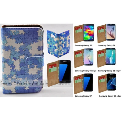 For Samsung Galaxy Series Blue Puzzle Theme Print Wallet Mobile Phone Case Cover - Image 1 of 3