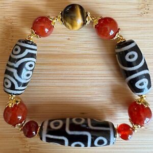 Spiritual Tibetan DZI Bead Bracelet -Unique Patterned Agate Red Carnelian Accent
