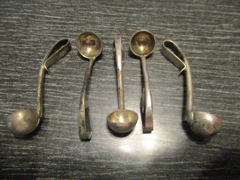 Set 5 Mexico Taxco Vintage MCM Sterling Silver Salt Spoons Mini Ladles 19 grams Cover