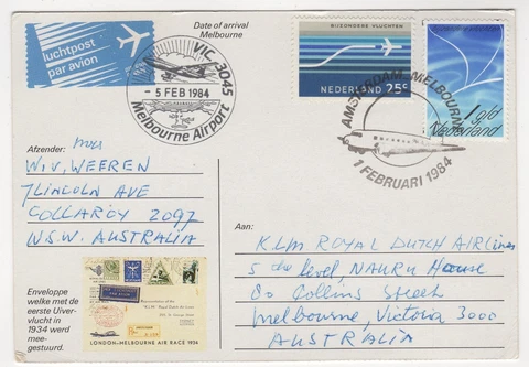 1984 Feb 1st. Flight Card. 50th Holland to Australia. AAMC 1972 Cover