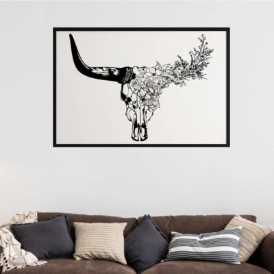 Longhorn бык череп печати, горизонтальный череп коровы с цветами плакат без рамки - Изображение 1 из 4