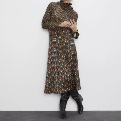 全新无标签 ZARA 棕色打褶中裙多色花卉复古长款 XS 码 — 第 1/4 张图片