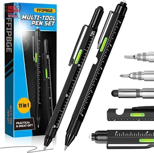 2 Pack Multi-Tool Pen Set, 11 in 1 Multitool Pen with LED Light, Ruler, Level, S - Picture 1 of 12