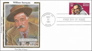 William Saroyan Armenian-American Novelist Playwright USA Colorano Silk FDC 1991 - Picture 1 of 1